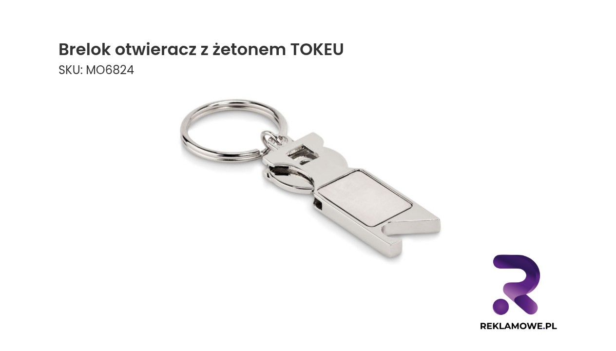 Brelok otwieracz z żetonem TOKEU w kolorze srebrnym