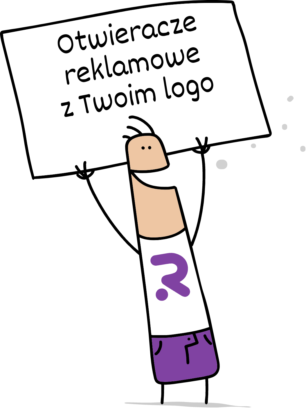 Buddy trzymający napis otwieracze reklamowe z Twoim logo